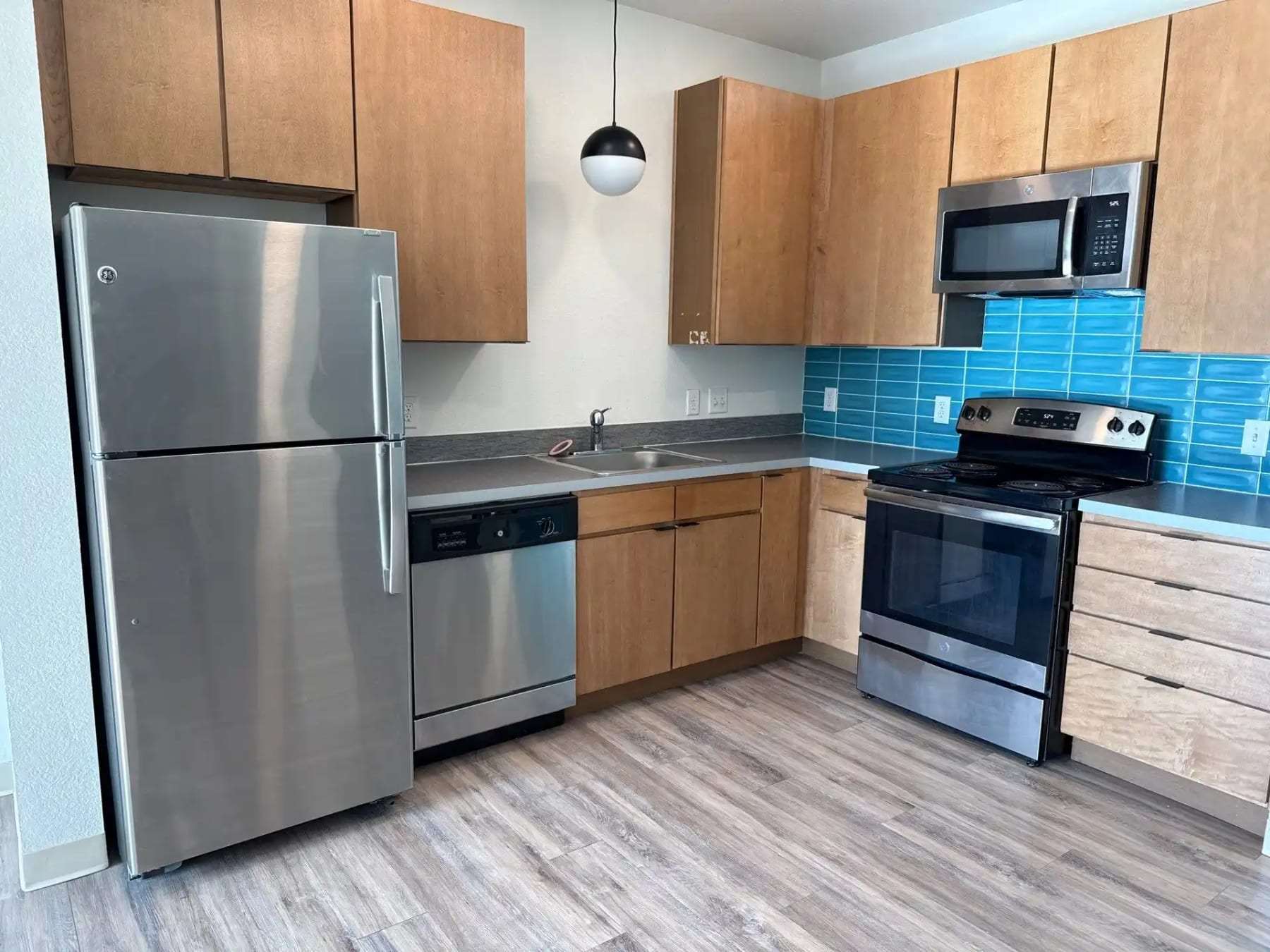 Finished apartment kitchen with stainless appliances and plank flooring