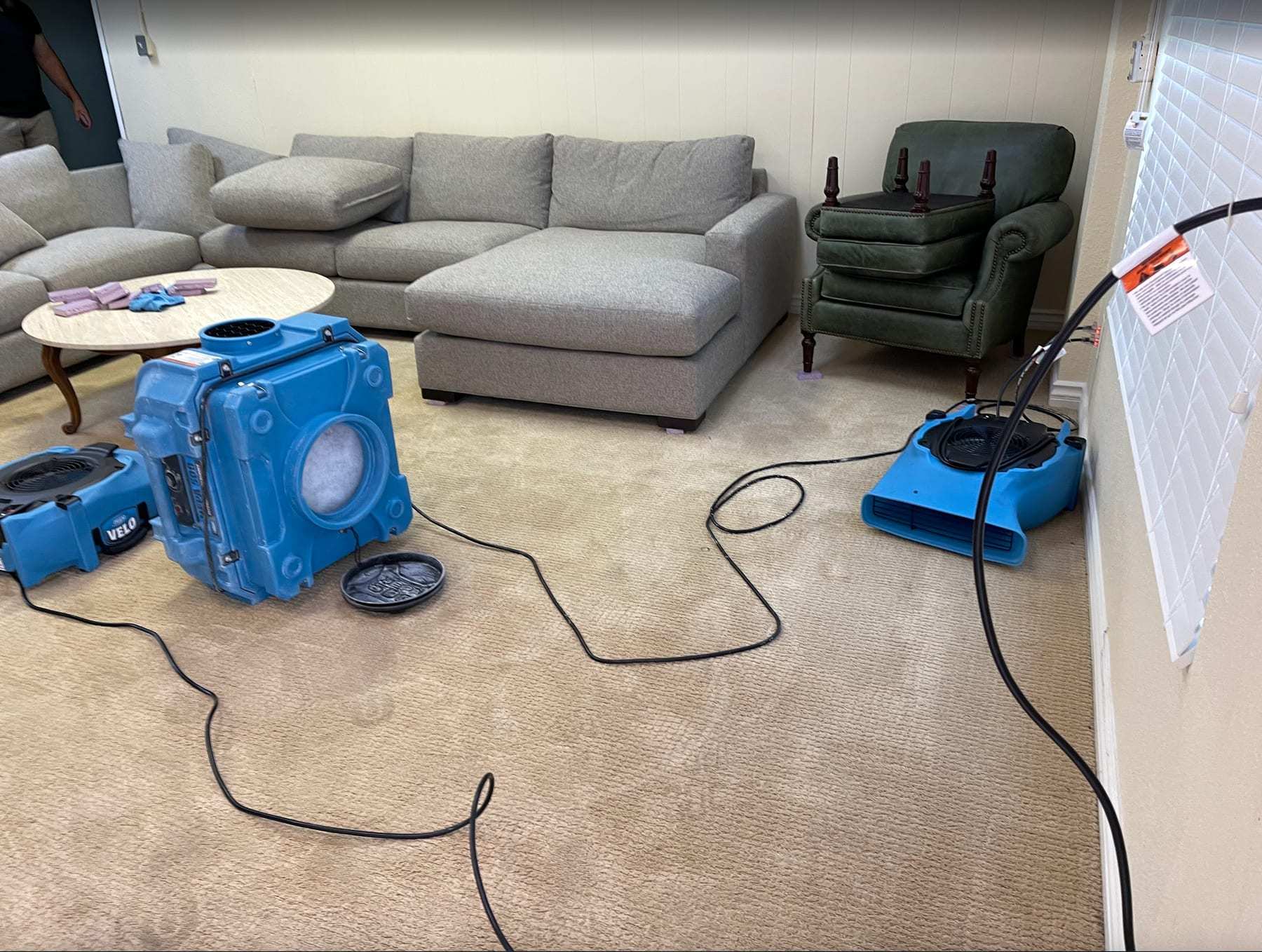 Living room carpet drying with an air scrubber and air movers